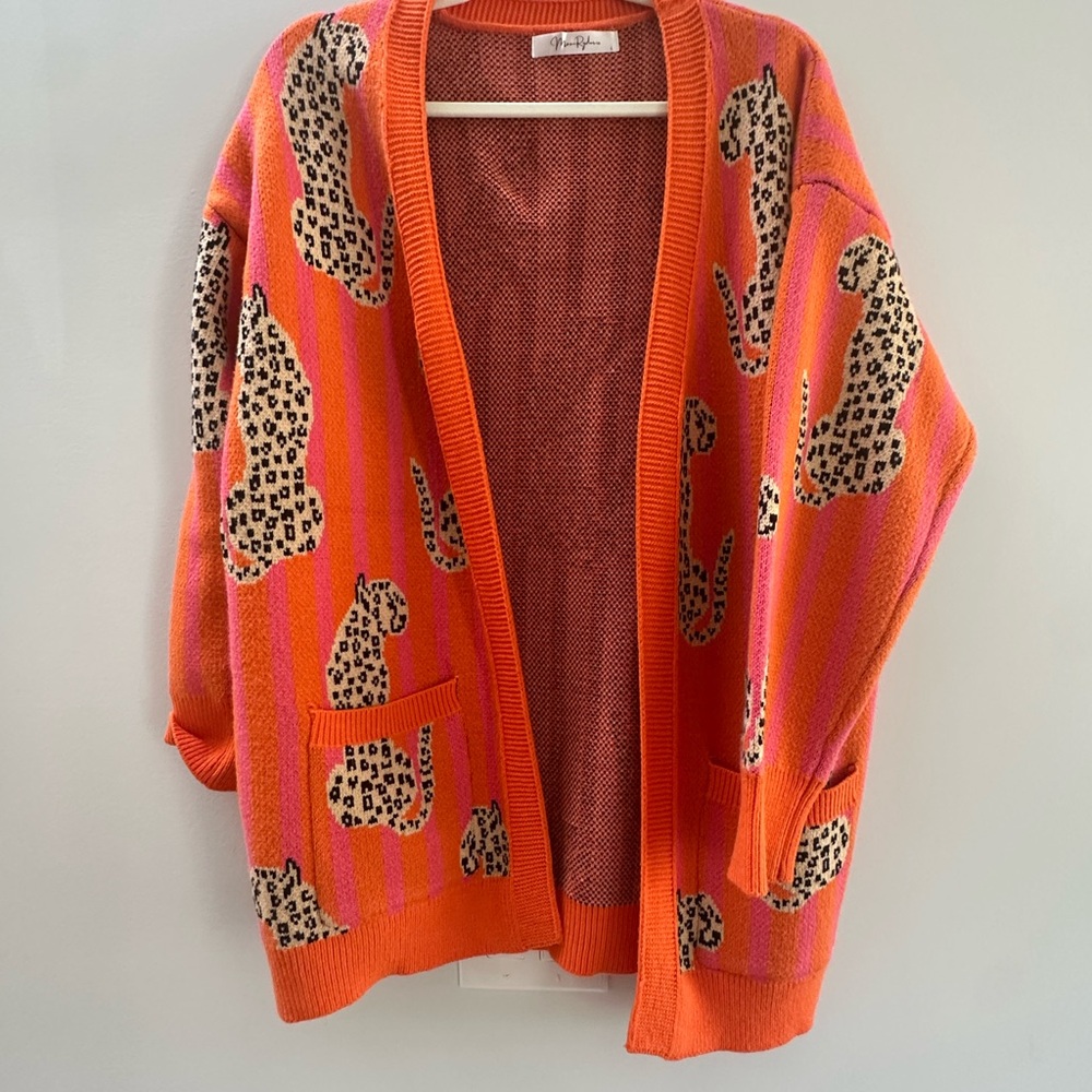 Leopard Print Orange Cardigan Sweater